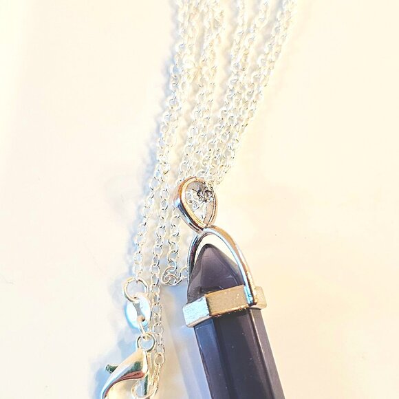Dark Amethyst Stone Crystal Bullet Point Pendant Necklace Silver Chain 24 in - Picture 3 of 3